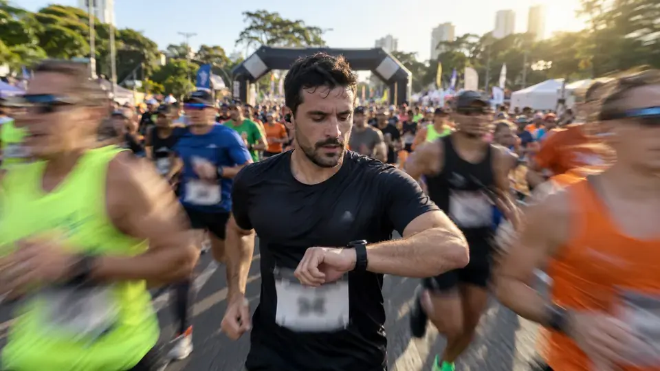 Corredor olhando o relógio no meio da largada enquanto os outros corredores disparam em volta dele