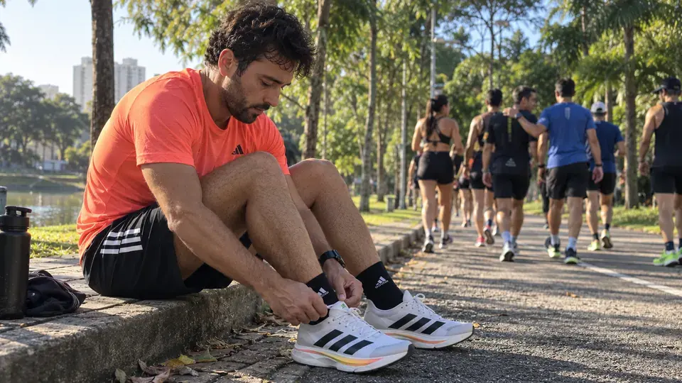 Corredor sentado no meio-fio amarrando o tênis enquanto o grupo de treino vai embora junto