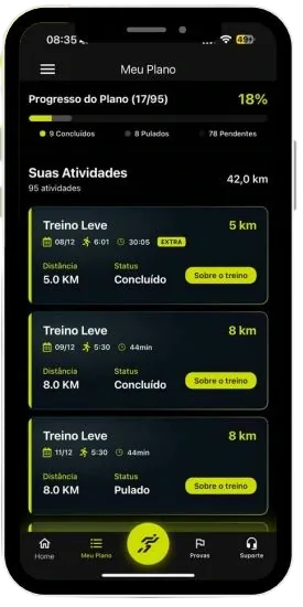 Tela do app de treino com inteligência artificial mostrando o progresso do plano e as atividades da semana