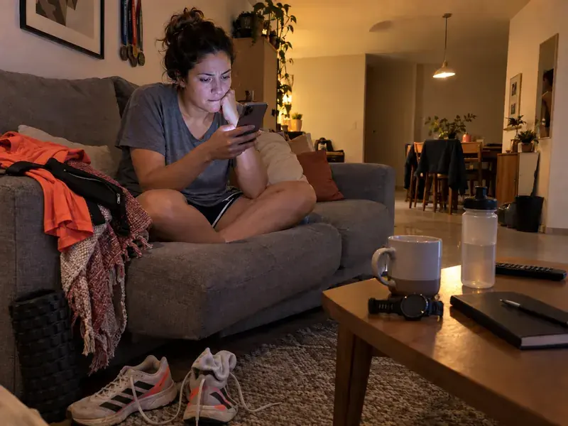Corredora no sofá olhando treino no celular, com os tênis de corrida no chão