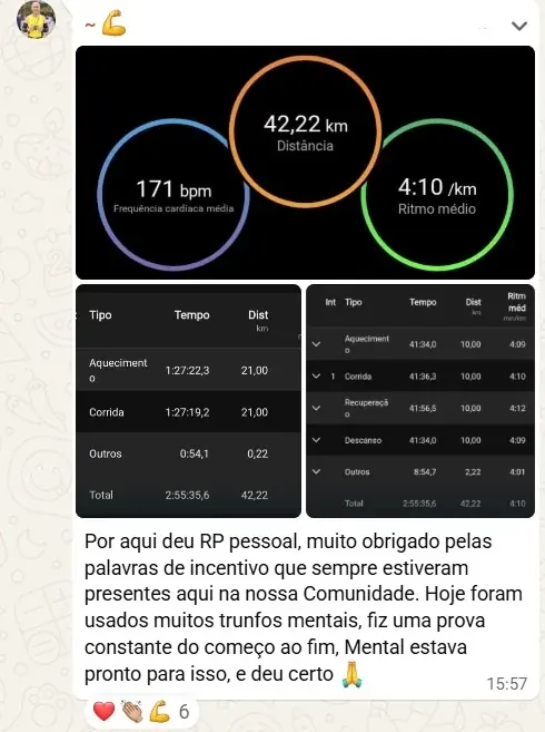 Print da mensagem do Eric contando o recorde pessoal na maratona