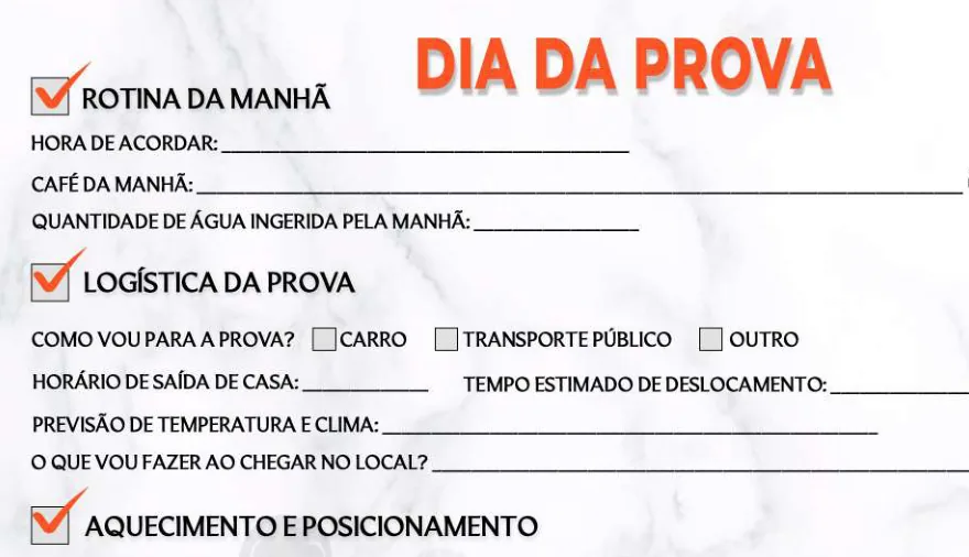 Trecho da página Dia da Prova do Checklist Inteligente Pré-Prova, com rotina da manhã e logística da prova