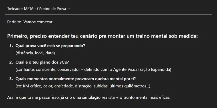Conversa com o agente Cérebro de Prova, que pergunta qual é a prova, qual é o plano dos 3C e em que momentos costuma vir a quebra mental